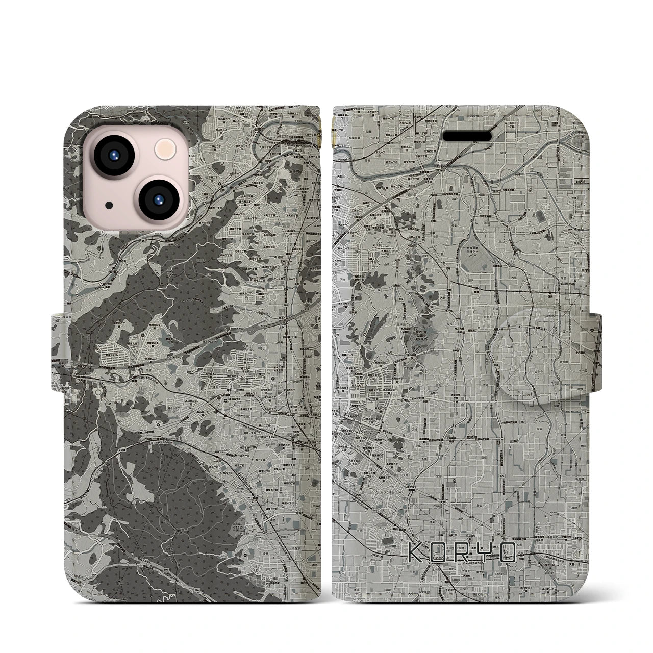 【広陵(奈良県)】地図柄iPhoneケース(手帳タイプ)モノトーン・iPhone 13 mini 用