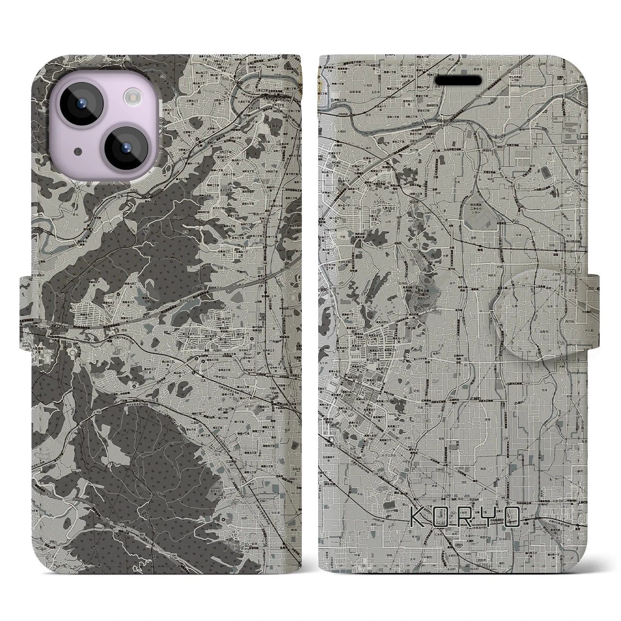 【広陵(奈良県)】地図柄iPhoneケース(手帳タイプ)モノトーン・iPhone 14 用