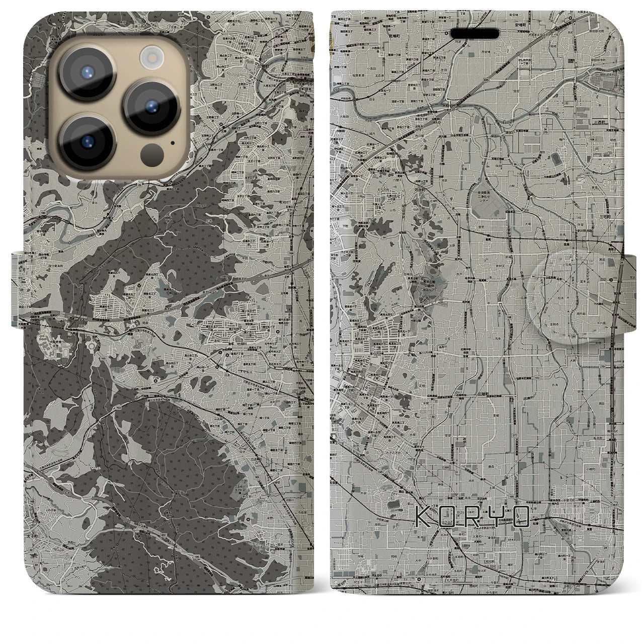 【広陵(奈良県)】地図柄iPhoneケース(手帳タイプ)モノトーン・iPhone 14 Pro Max 用