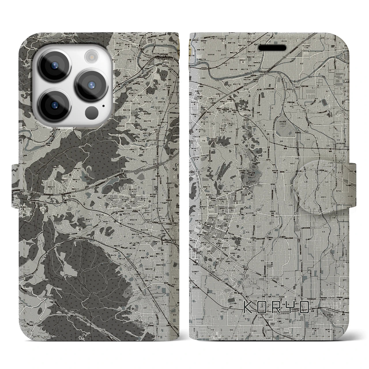 【広陵(奈良県)】地図柄iPhoneケース(手帳タイプ)モノトーン・iPhone 14 Pro 用