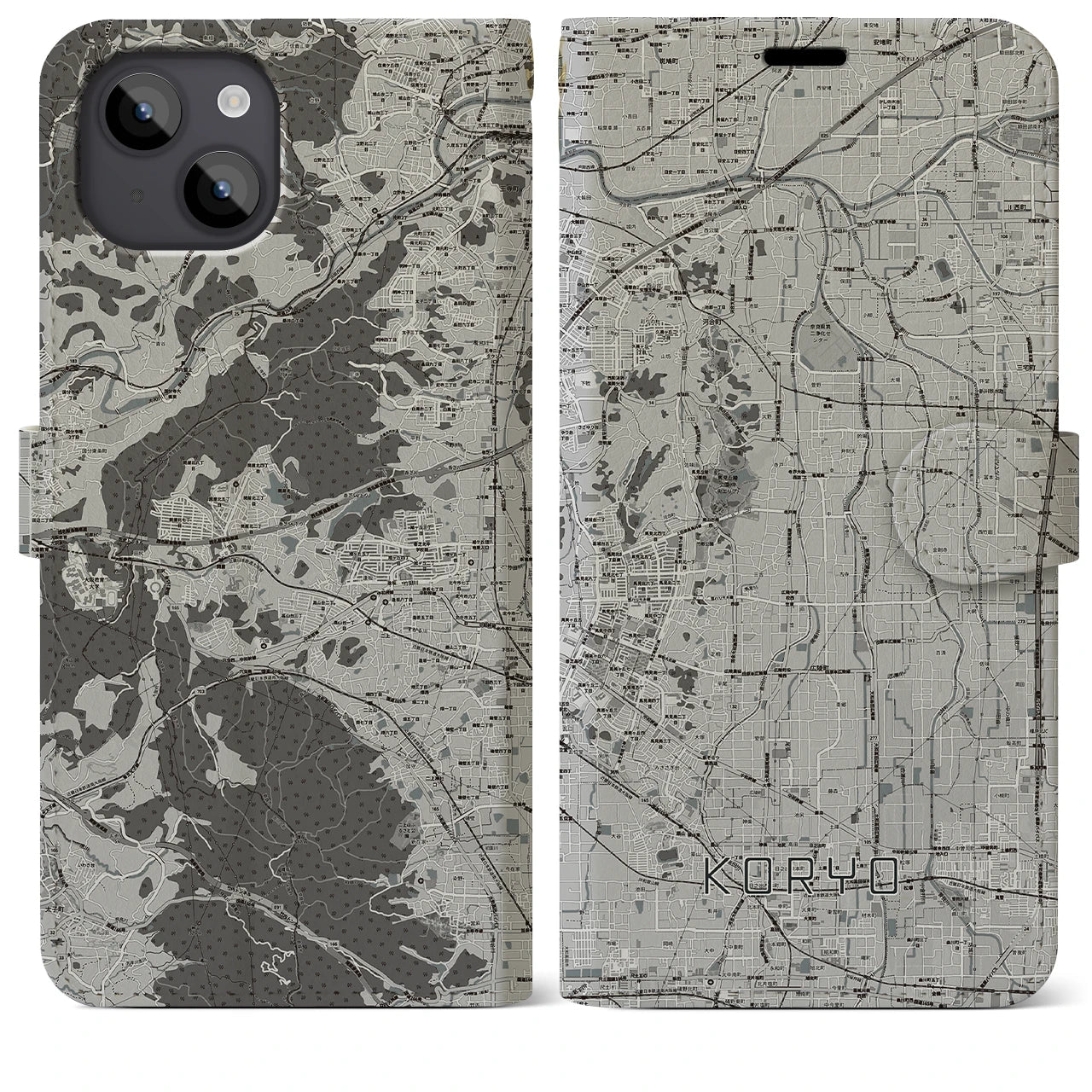 【広陵(奈良県)】地図柄iPhoneケース(手帳タイプ)モノトーン・iPhone 14 Plus 用