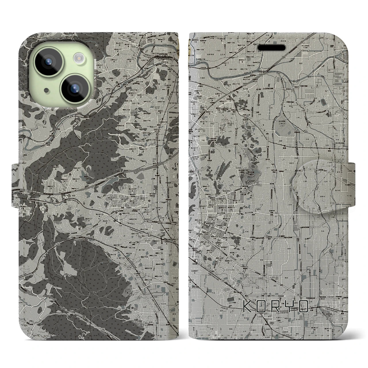 【広陵(奈良県)】地図柄iPhoneケース(手帳タイプ)モノトーン・iPhone 15 用