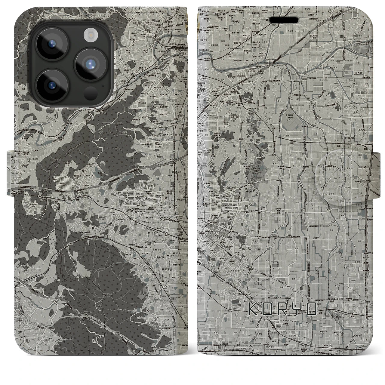 【広陵(奈良県)】地図柄iPhoneケース(手帳タイプ)モノトーン・iPhone 15 Pro Max 用