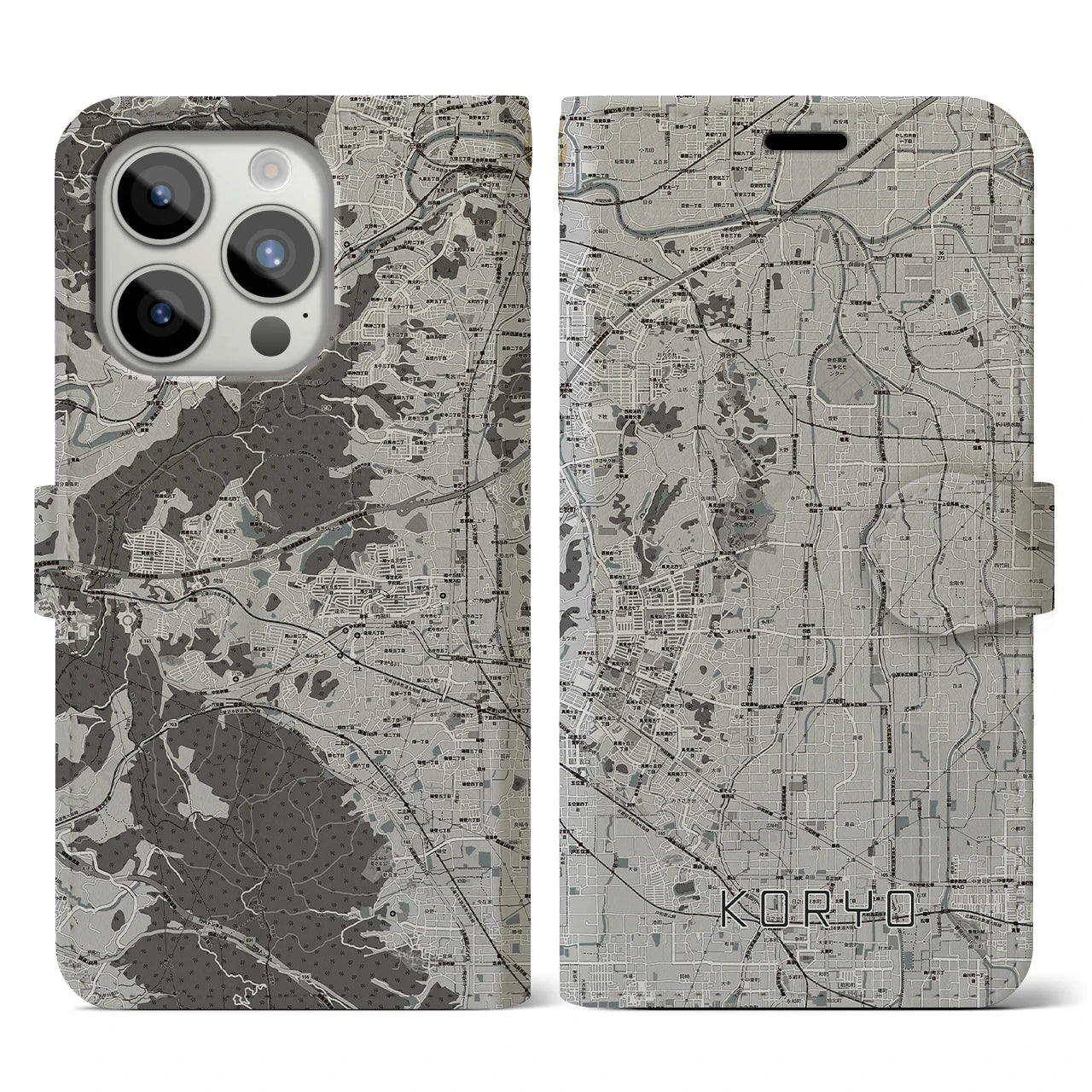 【広陵(奈良県)】地図柄iPhoneケース(手帳タイプ)モノトーン・iPhone 15 Pro 用