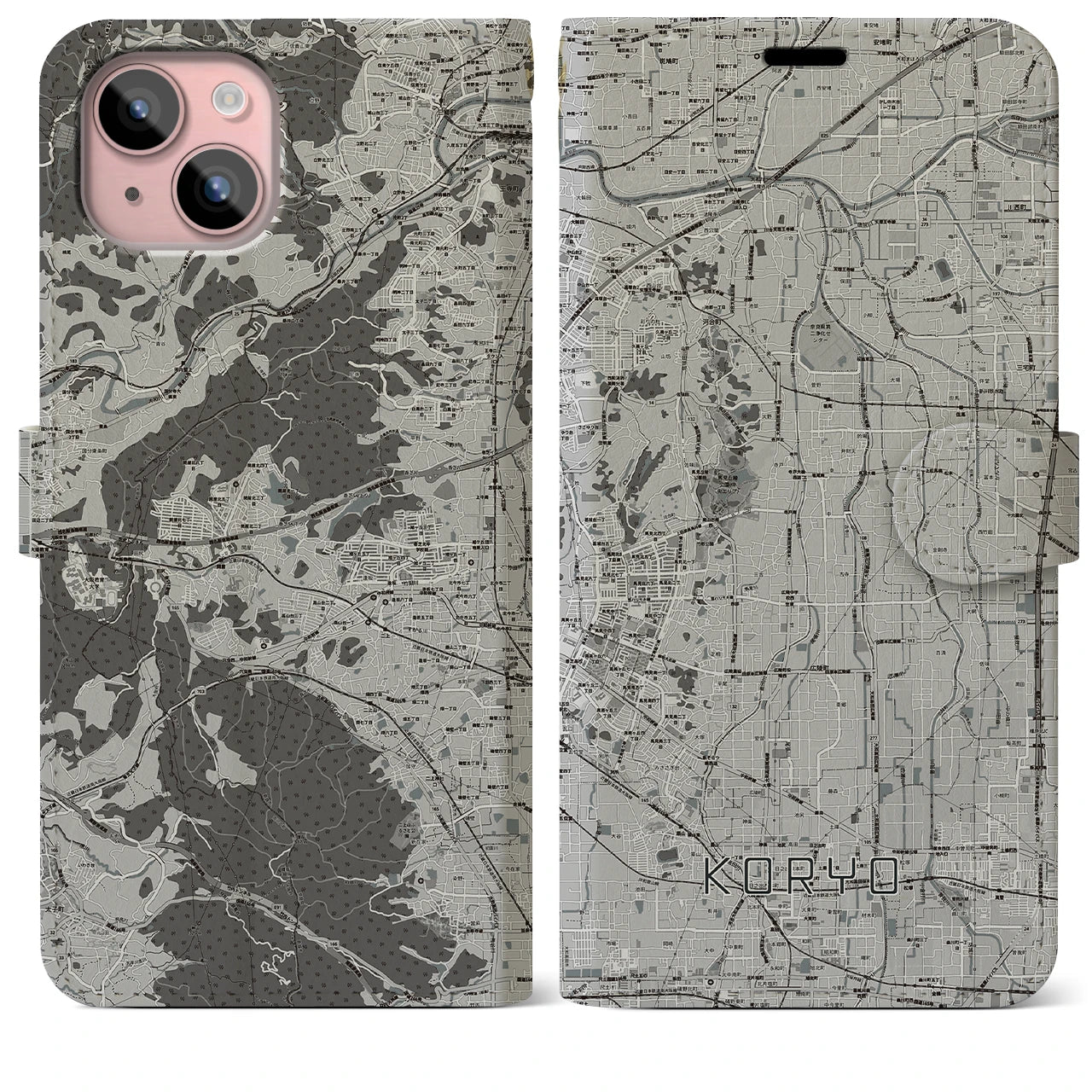 【広陵(奈良県)】地図柄iPhoneケース(手帳タイプ)モノトーン・iPhone 15 Plus 用