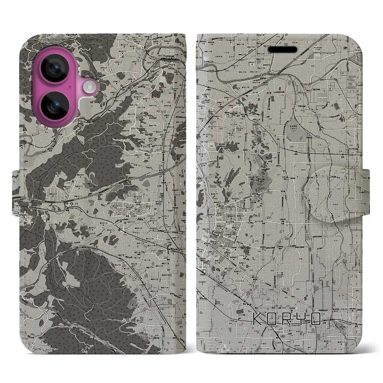 【広陵(奈良県)】地図柄iPhoneケース(手帳タイプ)モノトーン・iPhone 16 Pro 用