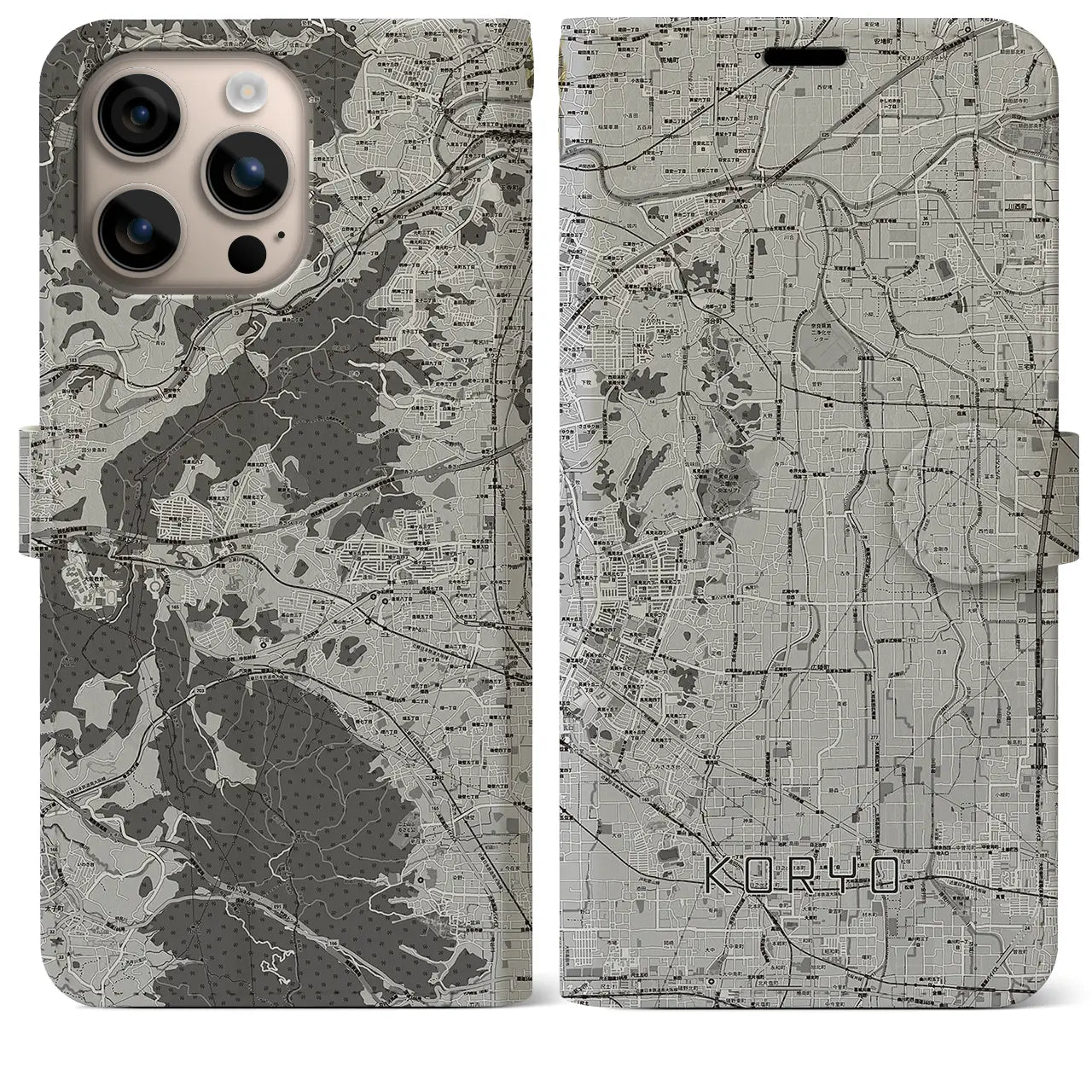 【広陵(奈良県)】地図柄iPhoneケース(手帳タイプ)モノトーン・iPhone 16 Plus 用