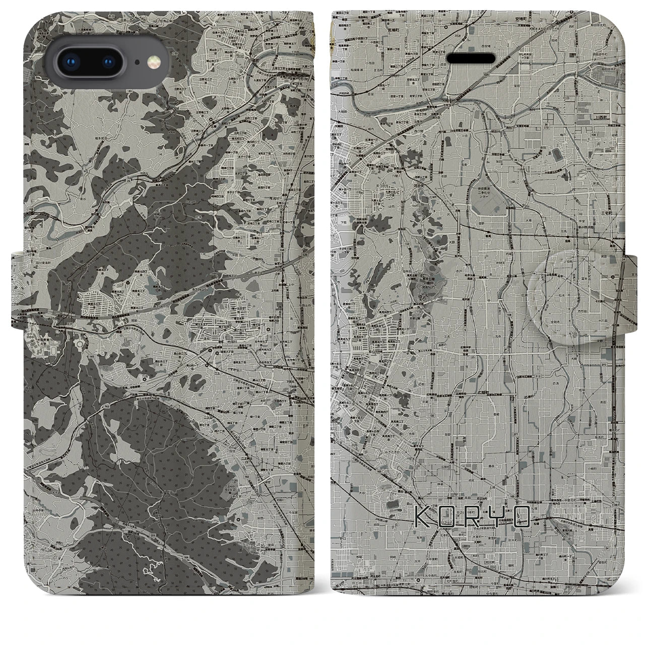 【広陵(奈良県)】地図柄iPhoneケース(手帳タイプ)モノトーン・iPhone 8Plus /7Plus / 6sPlus / 6Plus 用