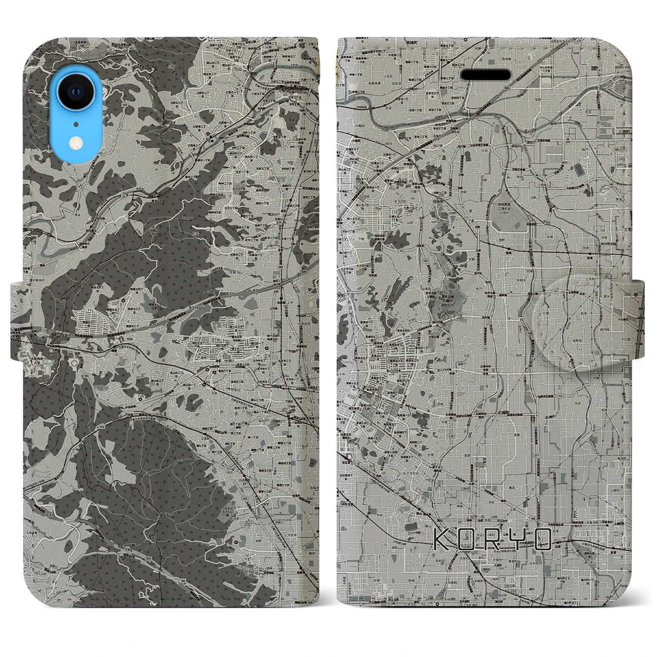 【広陵(奈良県)】地図柄iPhoneケース(手帳タイプ)モノトーン・iPhone XR 用