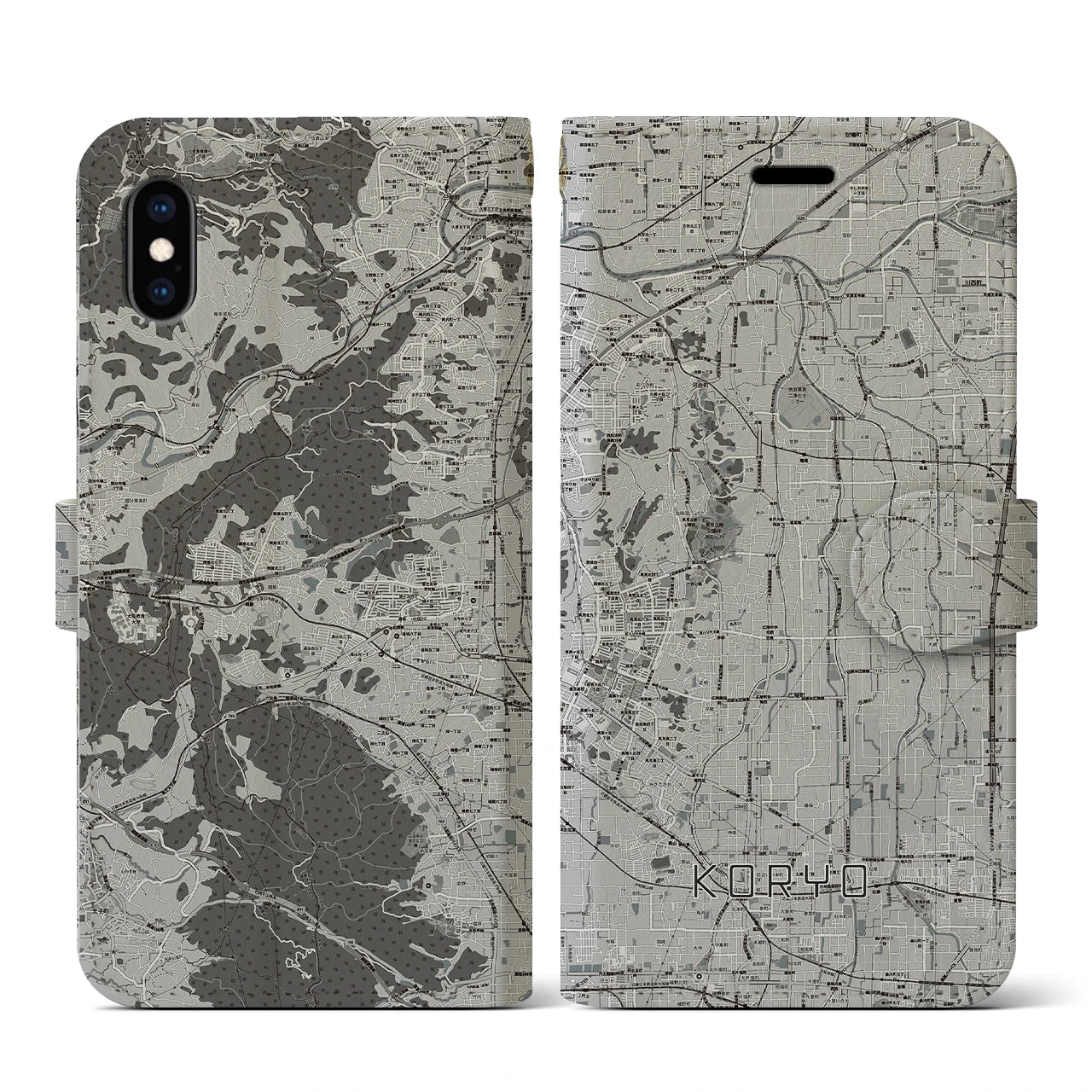 【広陵(奈良県)】地図柄iPhoneケース(手帳タイプ)モノトーン・iPhone XS / X 用