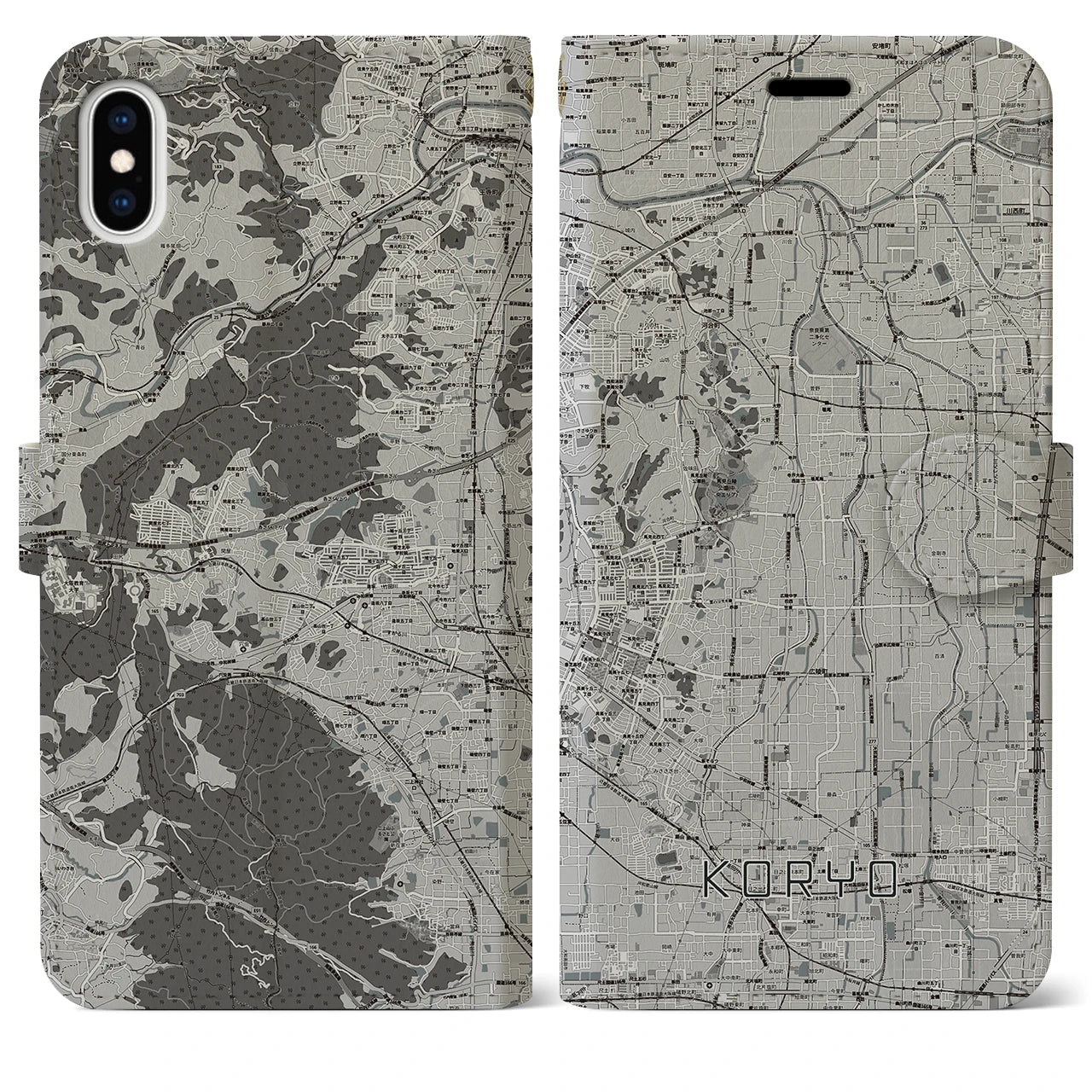 【広陵(奈良県)】地図柄iPhoneケース(手帳タイプ)モノトーン・iPhone XS Max 用