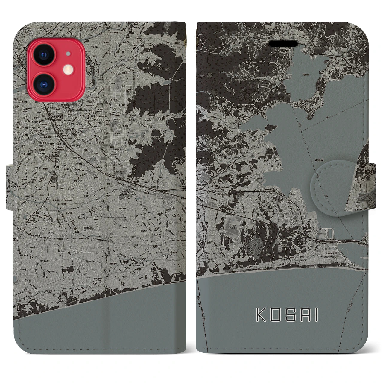 【湖西(静岡県)】地図柄iPhoneケース(手帳タイプ)モノトーン・iPhone 11 用