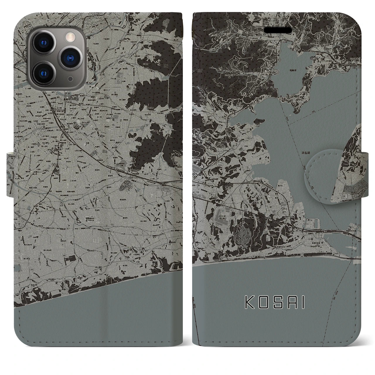 【湖西(静岡県)】地図柄iPhoneケース(手帳タイプ)モノトーン・iPhone 11 Pro Max 用
