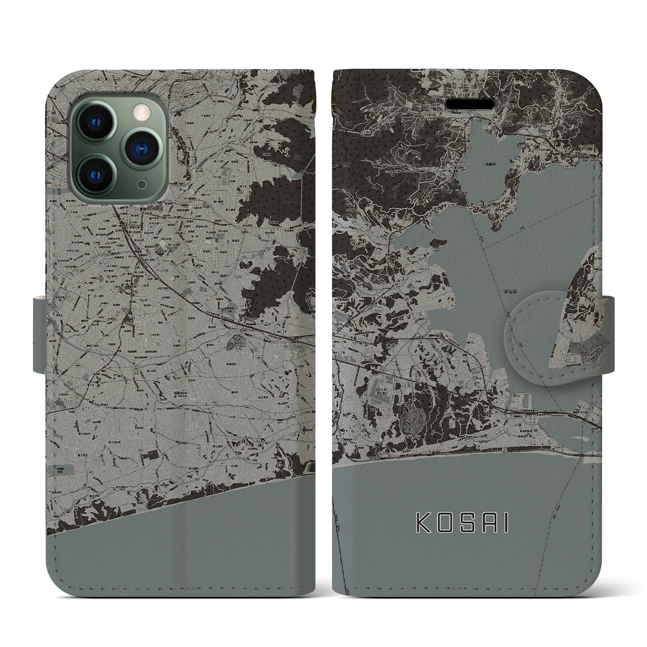 【湖西(静岡県)】地図柄iPhoneケース(手帳タイプ)モノトーン・iPhone 11 Pro 用