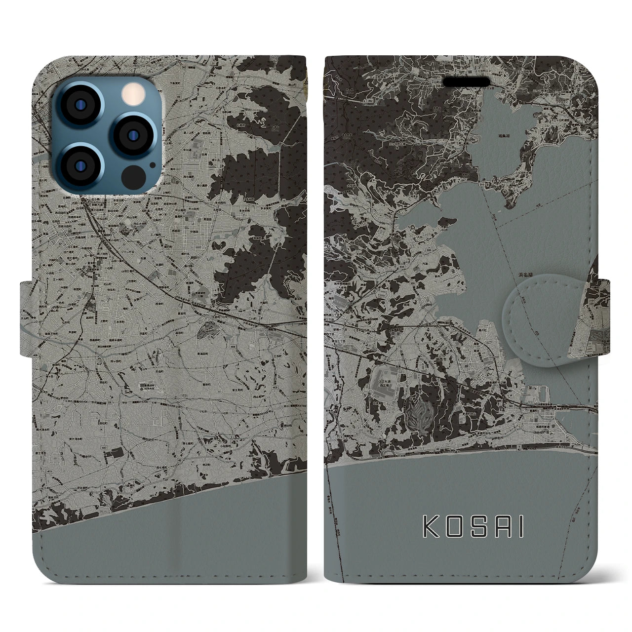 【湖西(静岡県)】地図柄iPhoneケース(手帳タイプ)モノトーン・iPhone 12 / 12 Pro 用
