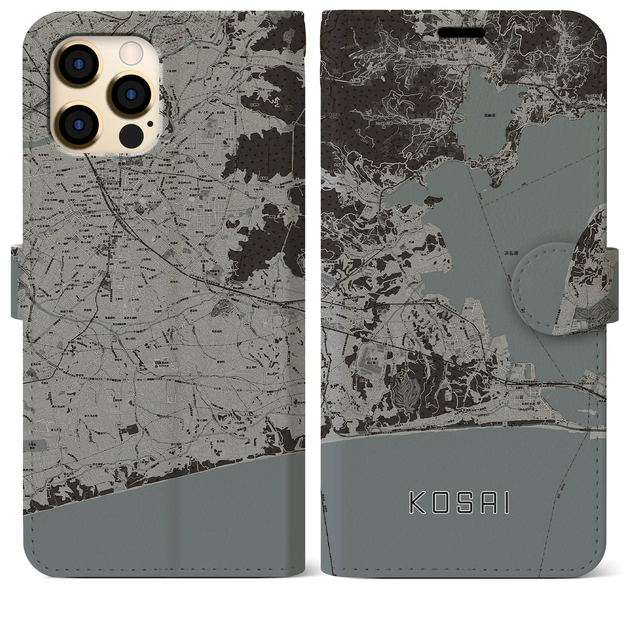【湖西(静岡県)】地図柄iPhoneケース(手帳タイプ)モノトーン・iPhone 12 Pro Max 用