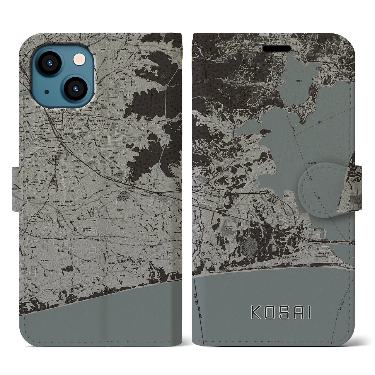 【湖西(静岡県)】地図柄iPhoneケース(手帳タイプ)モノトーン・iPhone 13 用