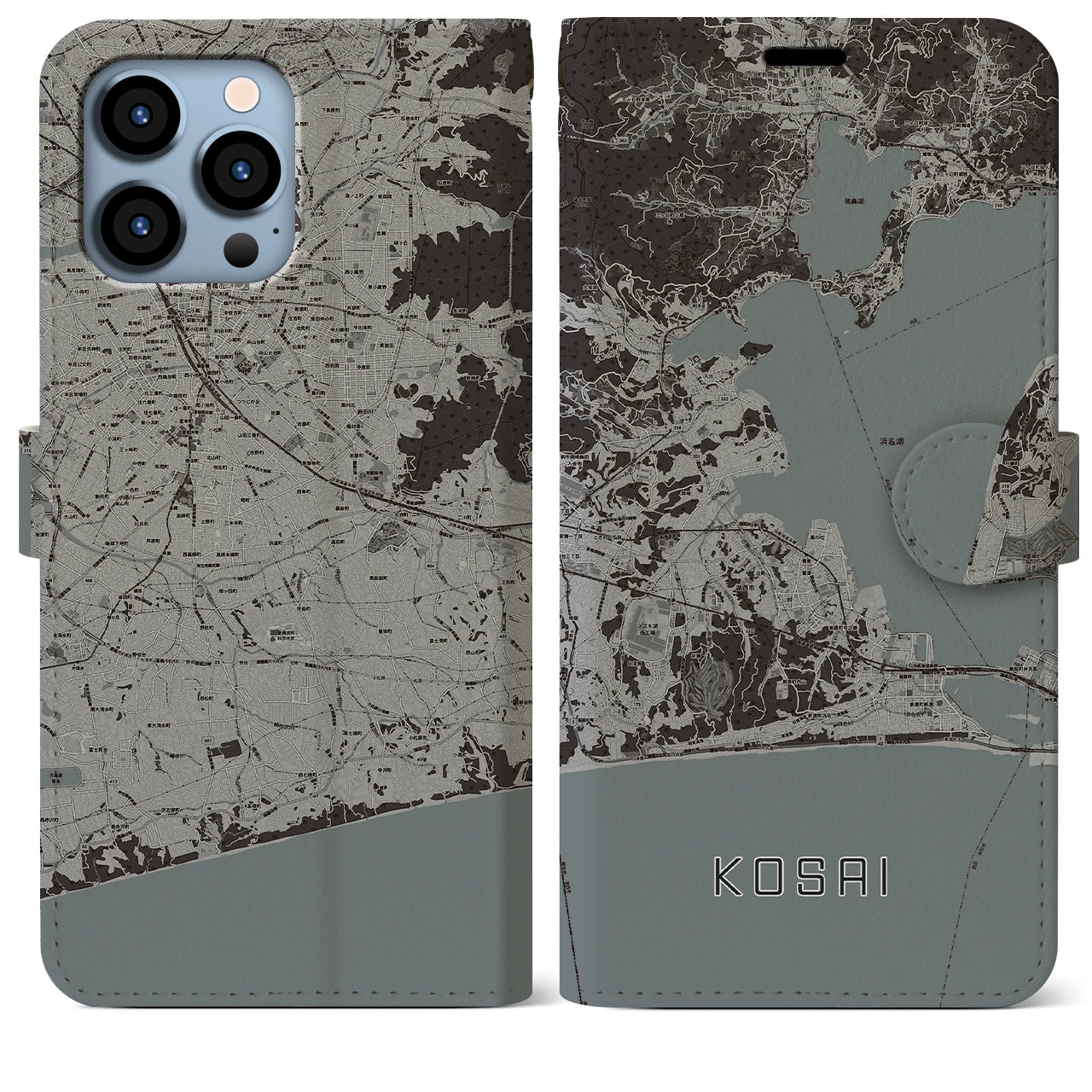 【湖西(静岡県)】地図柄iPhoneケース(手帳タイプ)モノトーン・iPhone 13 Pro Max 用