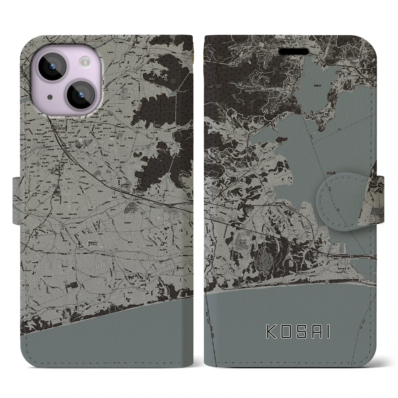【湖西(静岡県)】地図柄iPhoneケース(手帳タイプ)モノトーン・iPhone 14 用