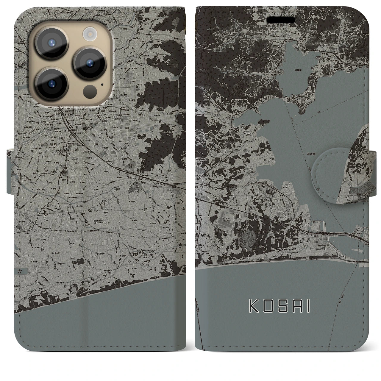 【湖西(静岡県)】地図柄iPhoneケース(手帳タイプ)モノトーン・iPhone 14 Pro Max 用
