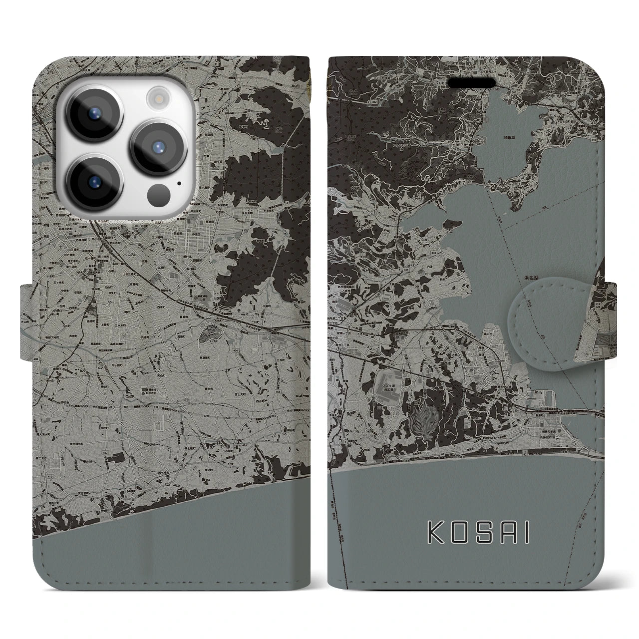 【湖西(静岡県)】地図柄iPhoneケース(手帳タイプ)モノトーン・iPhone 14 Pro 用