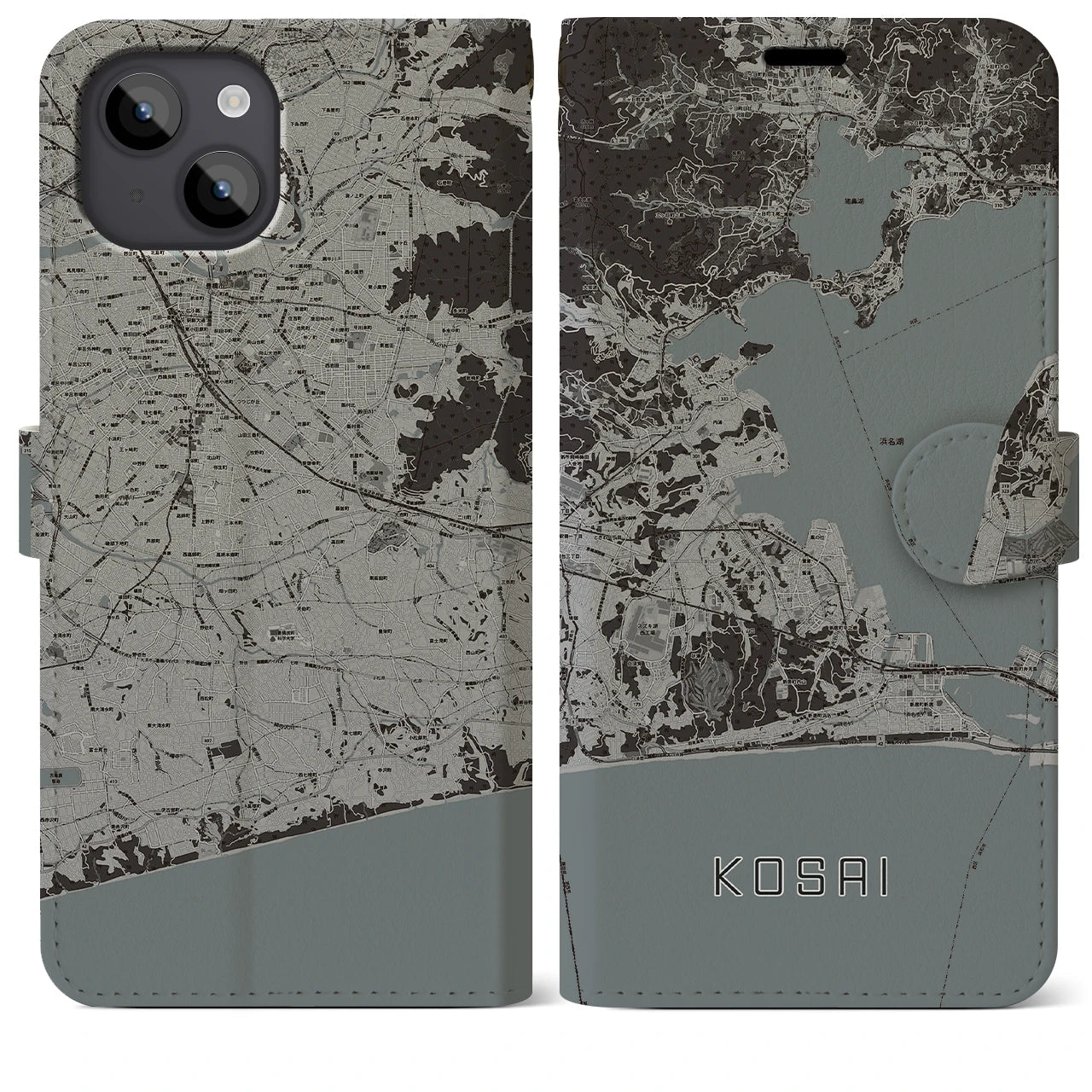 【湖西(静岡県)】地図柄iPhoneケース(手帳タイプ)モノトーン・iPhone 14 Plus 用