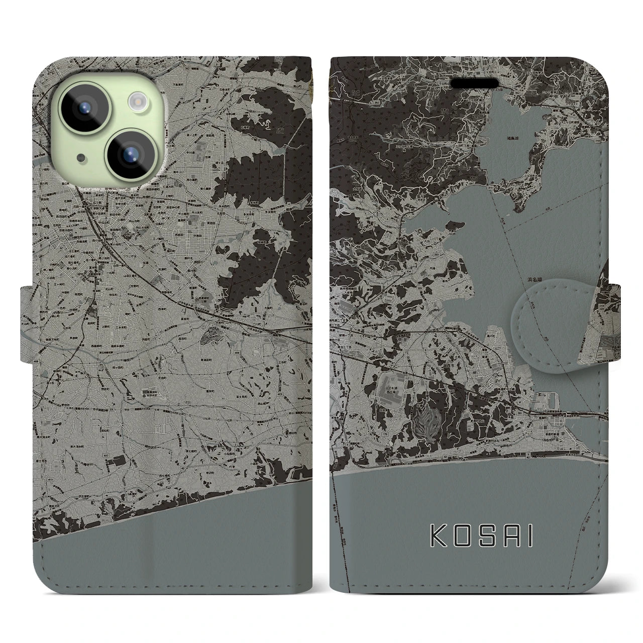 【湖西(静岡県)】地図柄iPhoneケース(手帳タイプ)モノトーン・iPhone 15 用