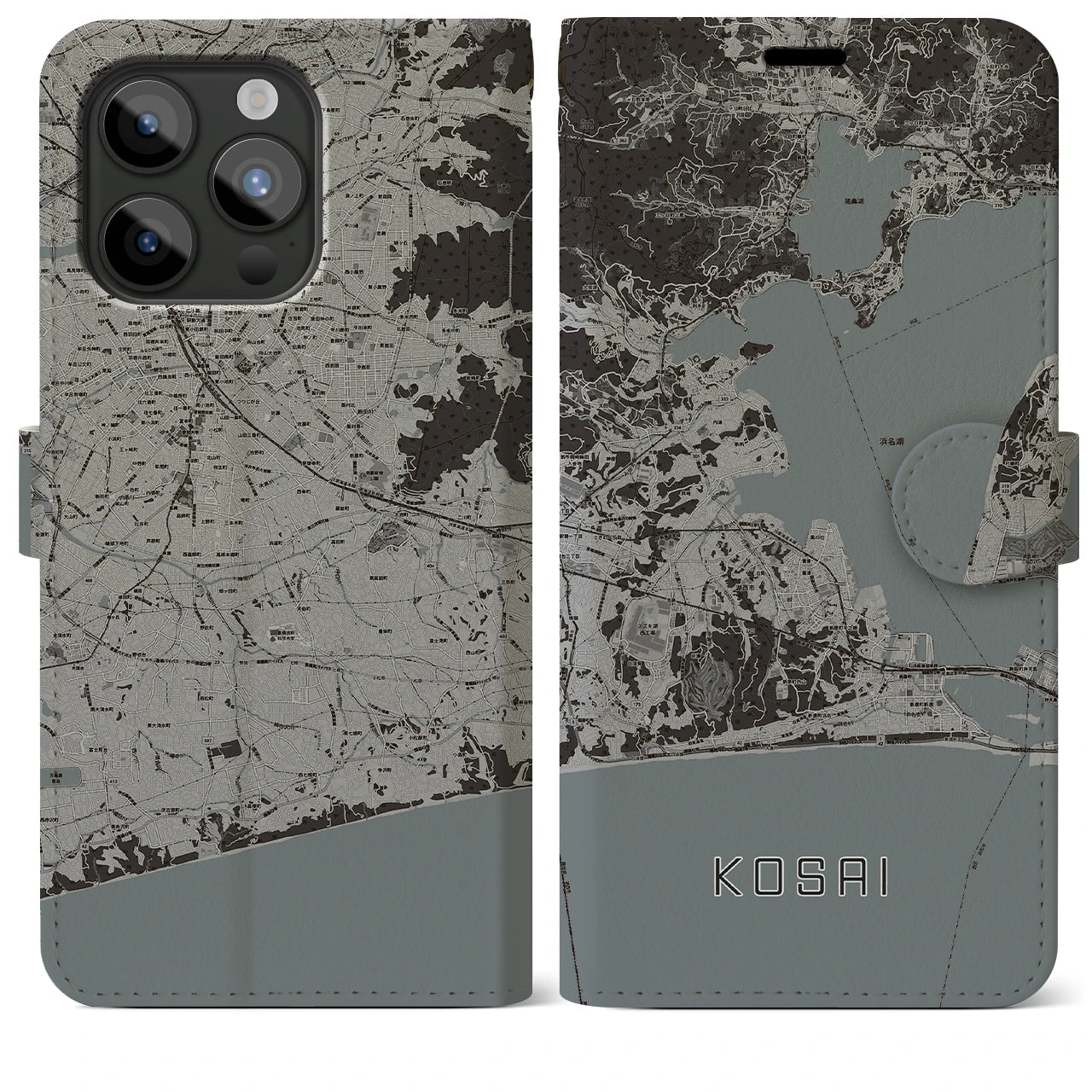 【湖西(静岡県)】地図柄iPhoneケース(手帳タイプ)モノトーン・iPhone 15 Pro Max 用