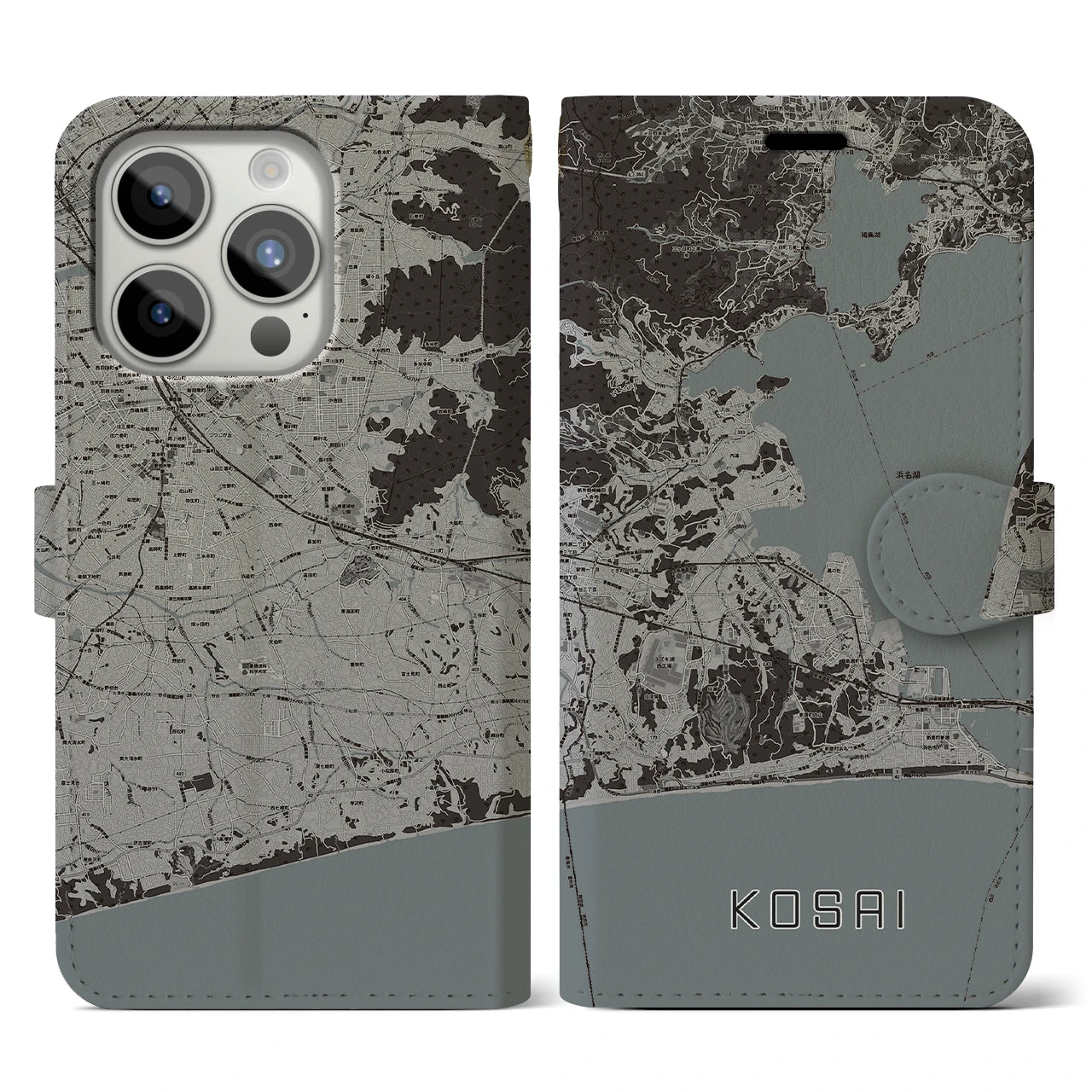 【湖西(静岡県)】地図柄iPhoneケース(手帳タイプ)モノトーン・iPhone 15 Pro 用