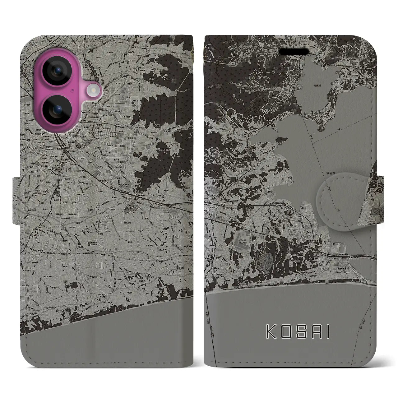 【湖西(静岡県)】地図柄iPhoneケース(手帳タイプ)モノトーン・iPhone 16 Pro 用