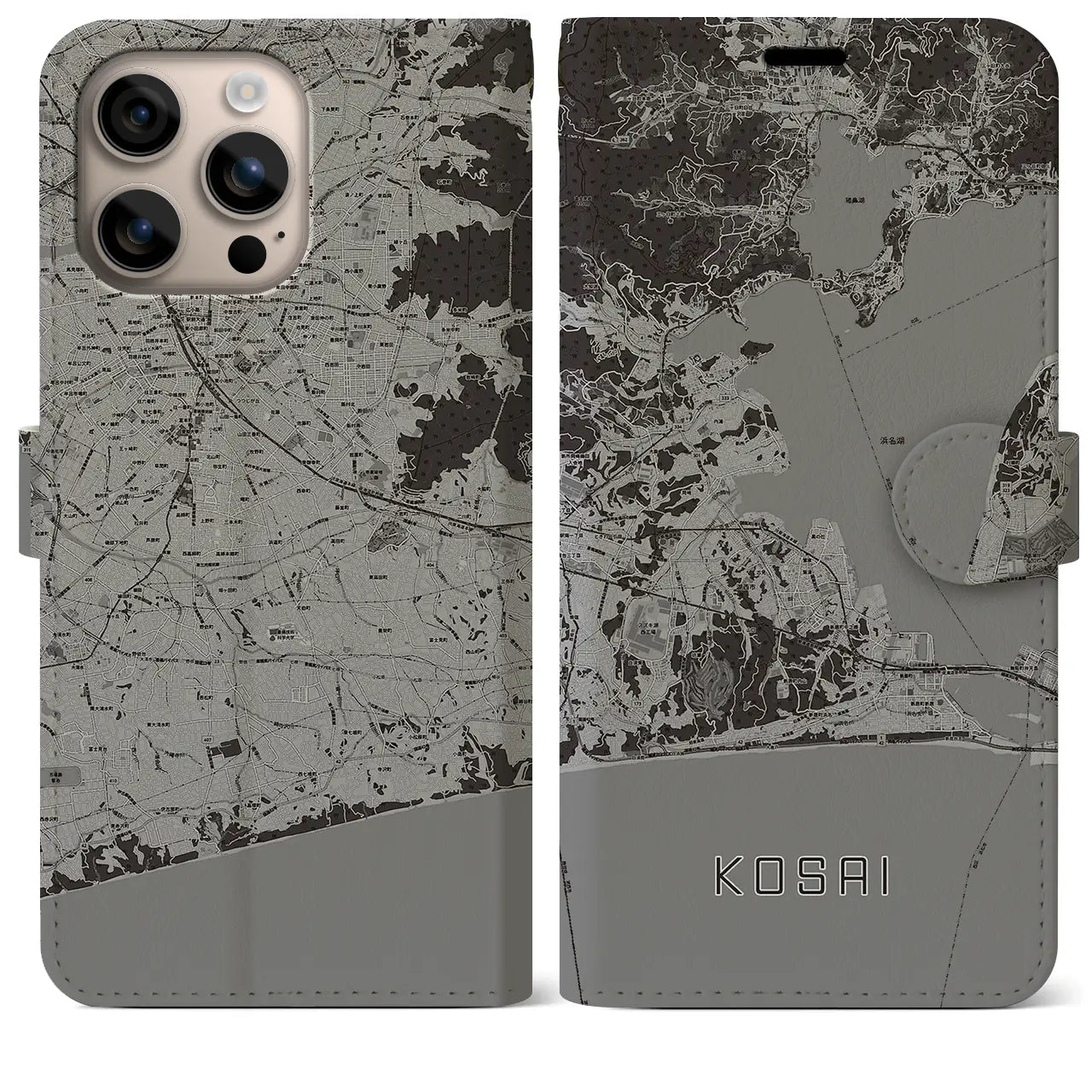 【湖西(静岡県)】地図柄iPhoneケース(手帳タイプ)モノトーン・iPhone 16 Plus 用