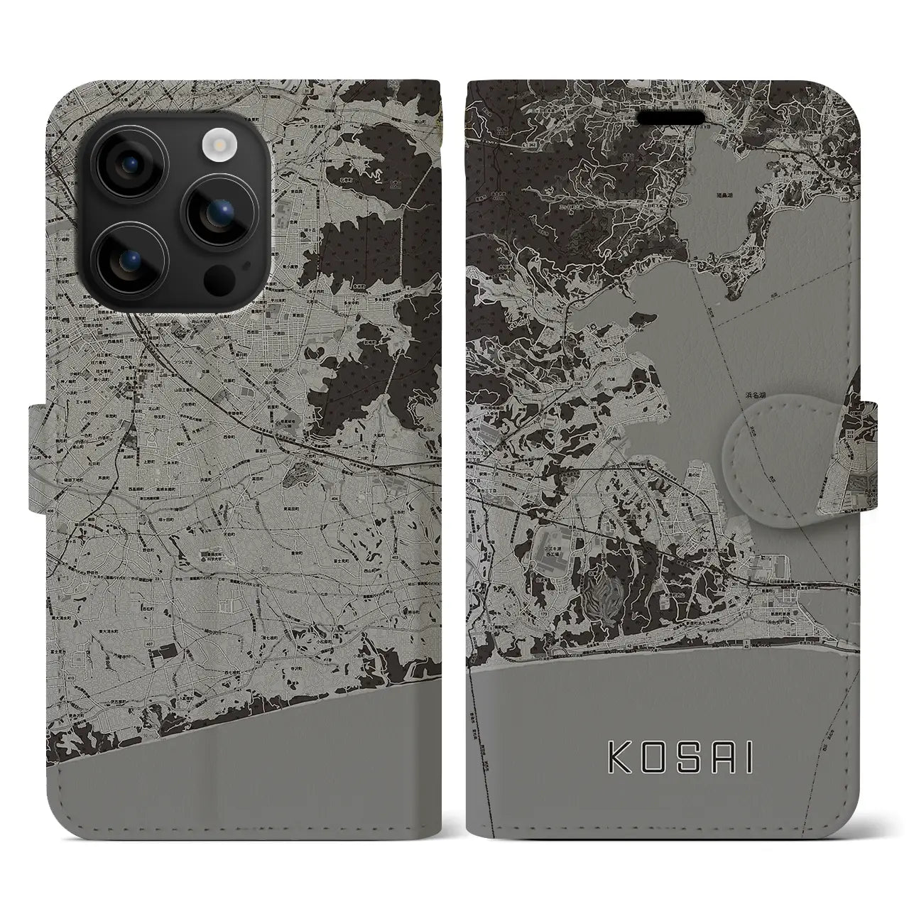【湖西(静岡県)】地図柄iPhoneケース(手帳タイプ)モノトーン・iPhone 16 用