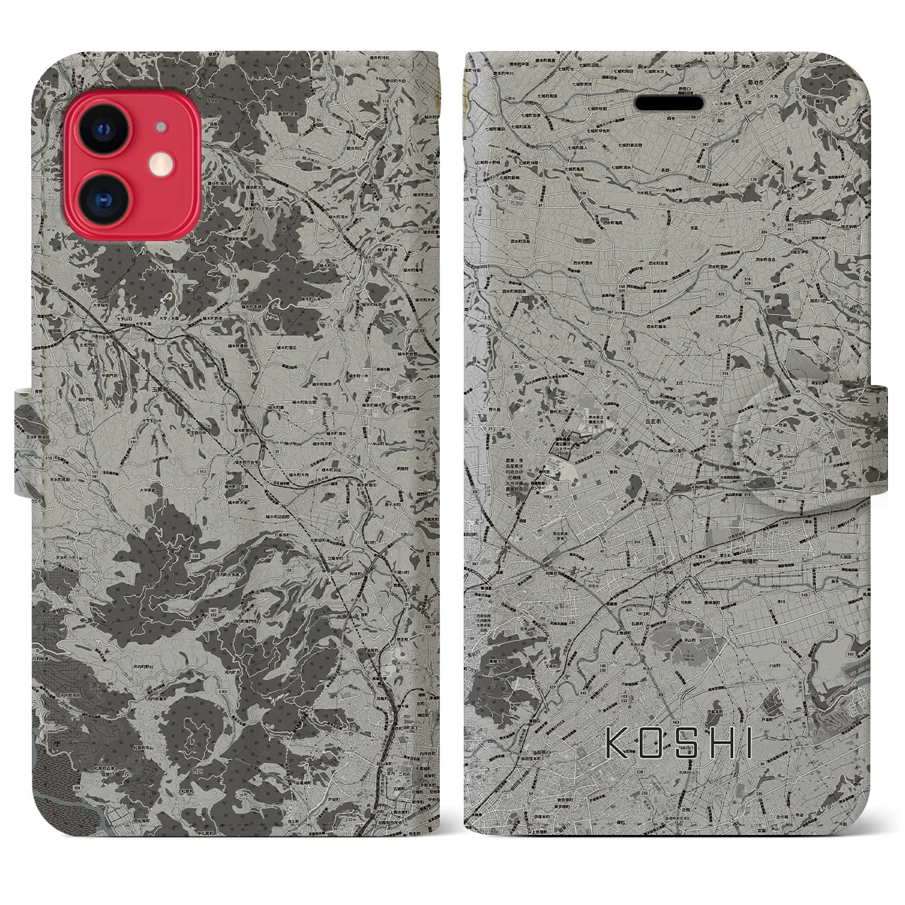 【合志(熊本県)】地図柄iPhoneケース(手帳タイプ)モノトーン・iPhone 11 用