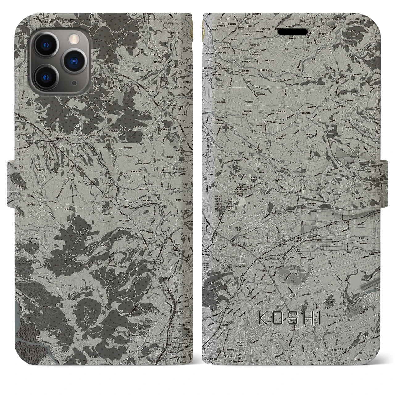 【合志(熊本県)】地図柄iPhoneケース(手帳タイプ)モノトーン・iPhone 11 Pro Max 用