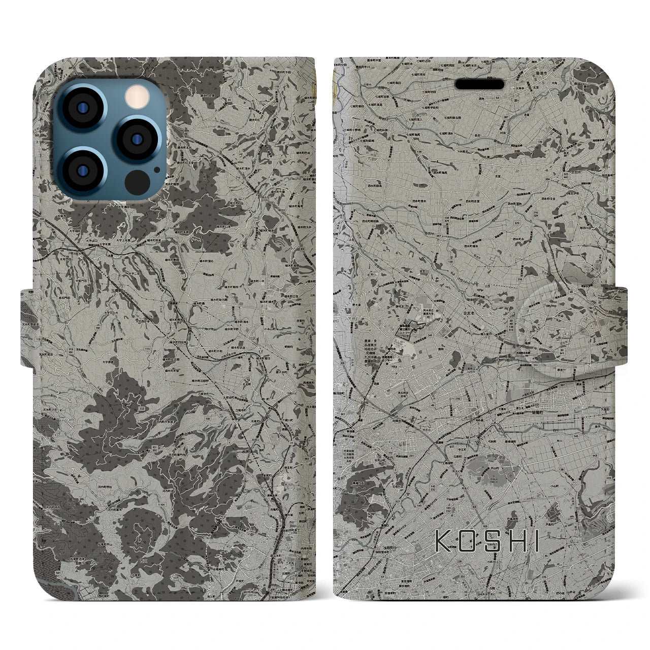 【合志(熊本県)】地図柄iPhoneケース(手帳タイプ)モノトーン・iPhone 12 / 12 Pro 用