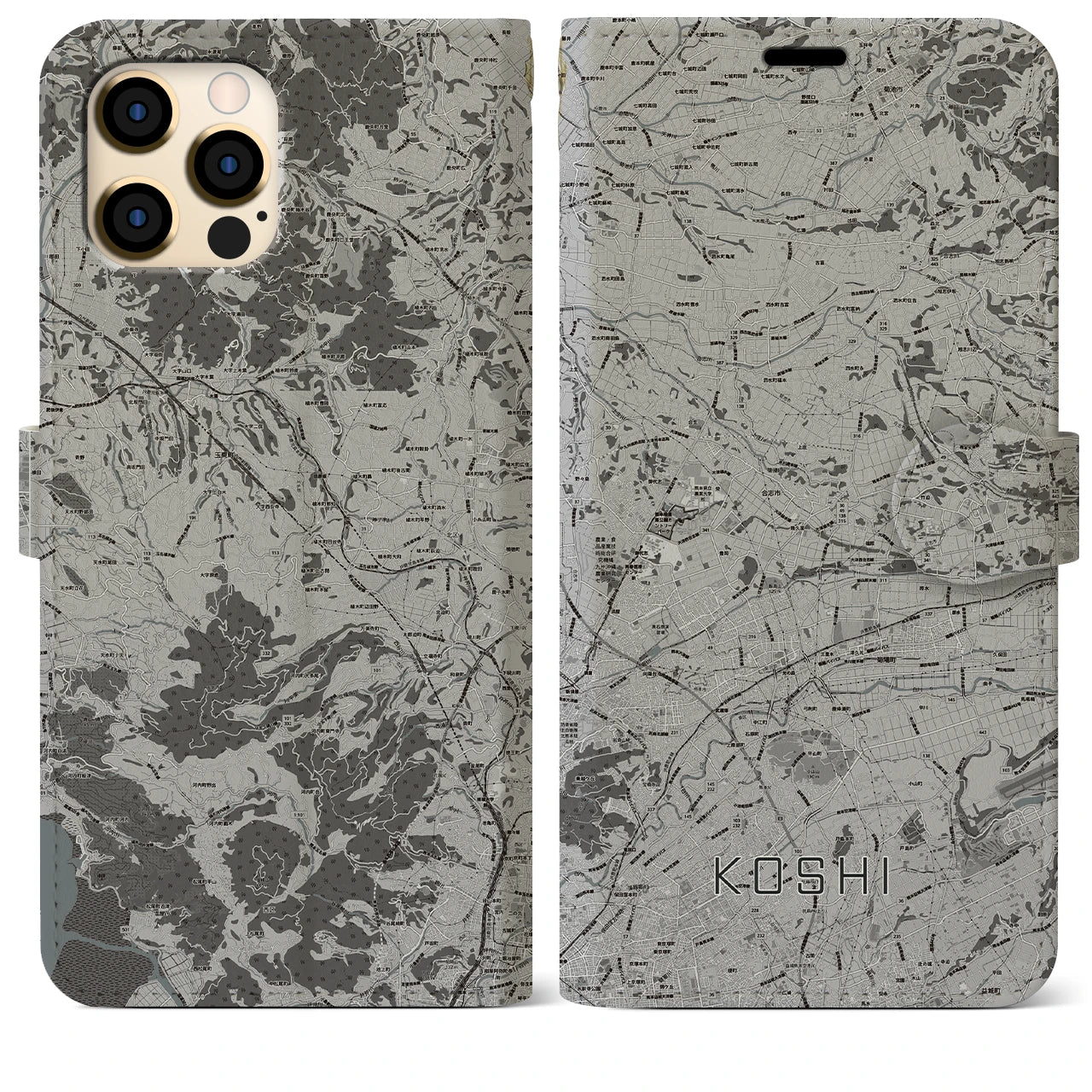 【合志(熊本県)】地図柄iPhoneケース(手帳タイプ)モノトーン・iPhone 12 Pro Max 用