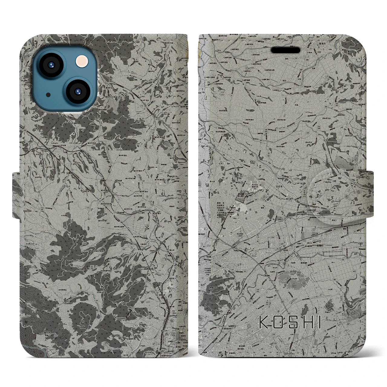 【合志(熊本県)】地図柄iPhoneケース(手帳タイプ)モノトーン・iPhone 13 用