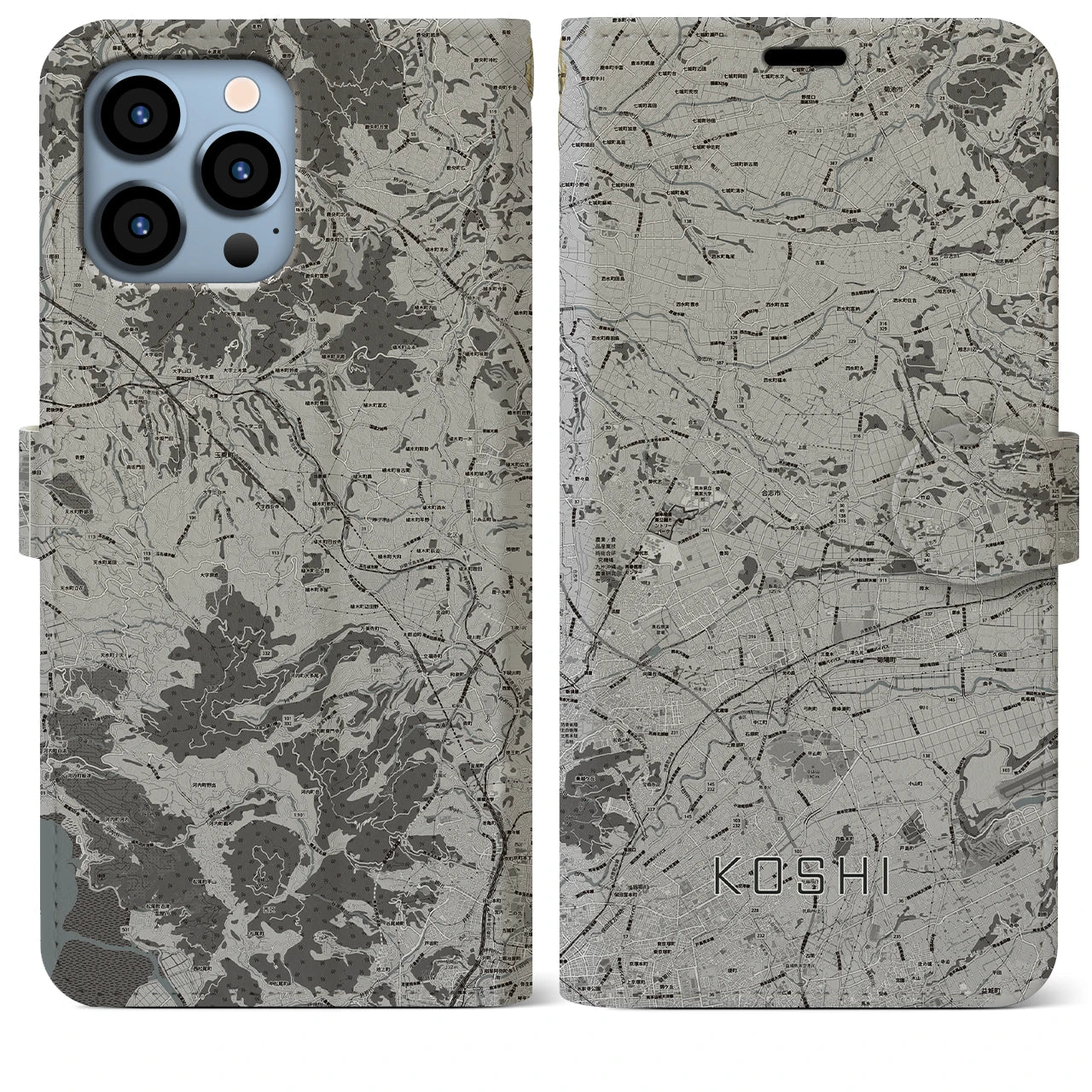 【合志(熊本県)】地図柄iPhoneケース(手帳タイプ)モノトーン・iPhone 13 Pro Max 用