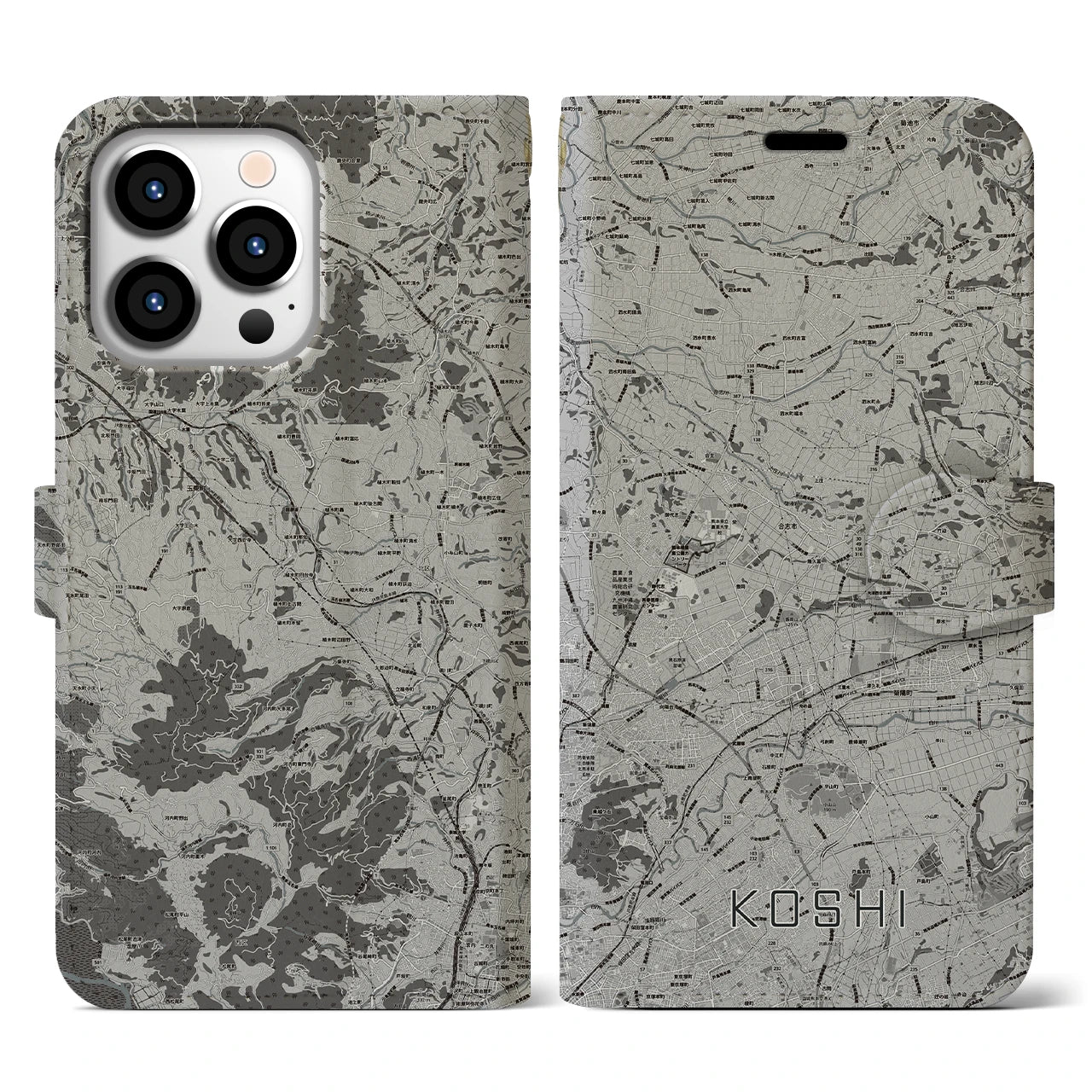 【合志(熊本県)】地図柄iPhoneケース(手帳タイプ)モノトーン・iPhone 13 Pro 用