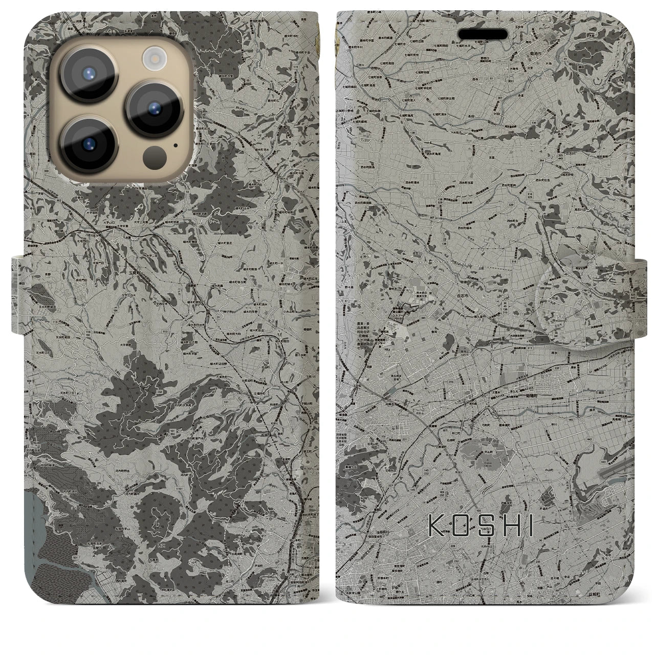 【合志(熊本県)】地図柄iPhoneケース(手帳タイプ)モノトーン・iPhone 14 Pro Max 用