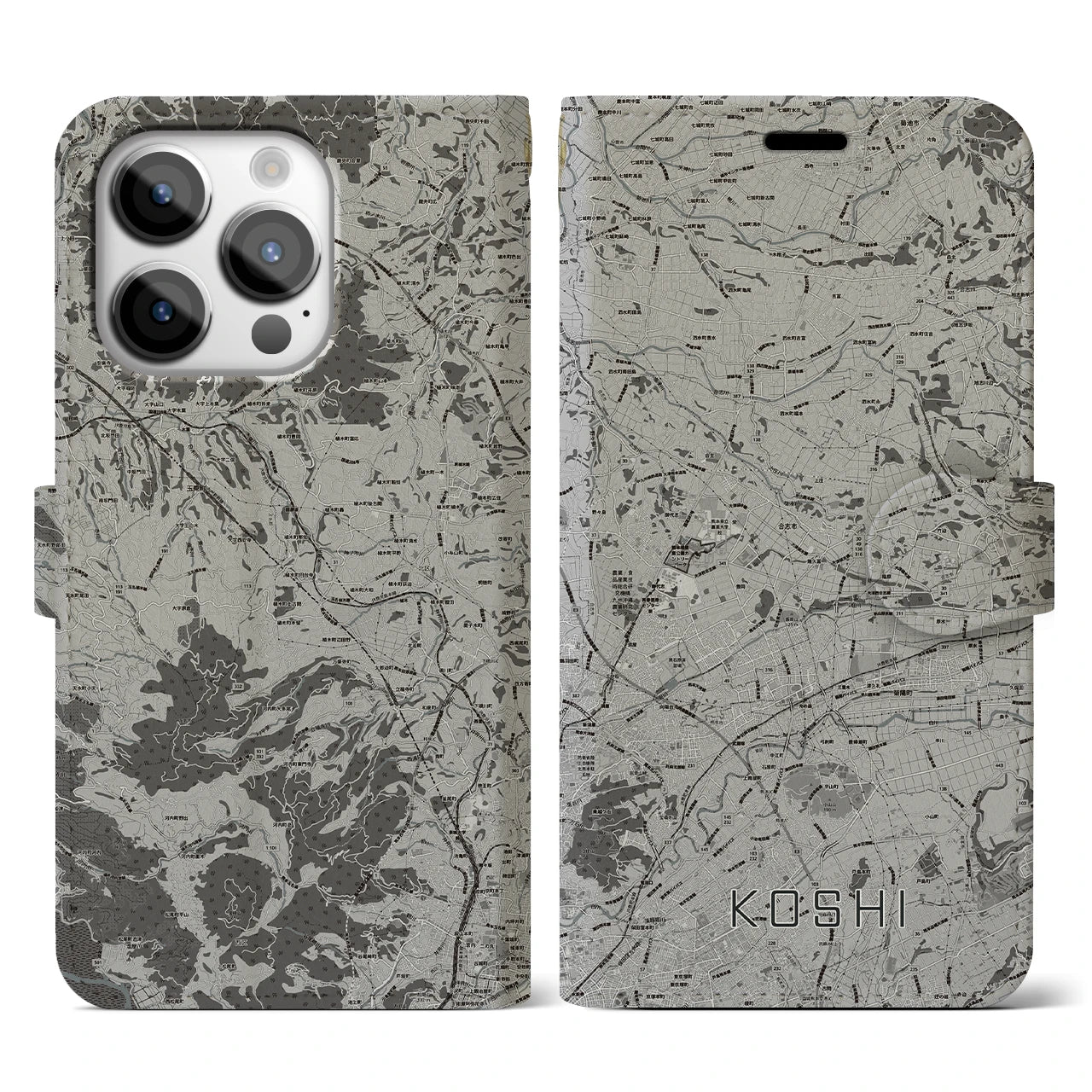 【合志(熊本県)】地図柄iPhoneケース(手帳タイプ)モノトーン・iPhone 14 Pro 用