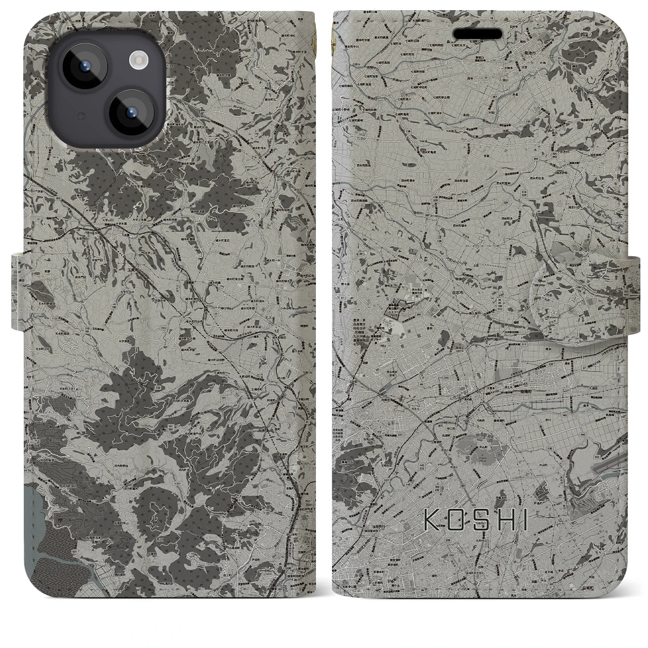 【合志(熊本県)】地図柄iPhoneケース(手帳タイプ)モノトーン・iPhone 14 Plus 用