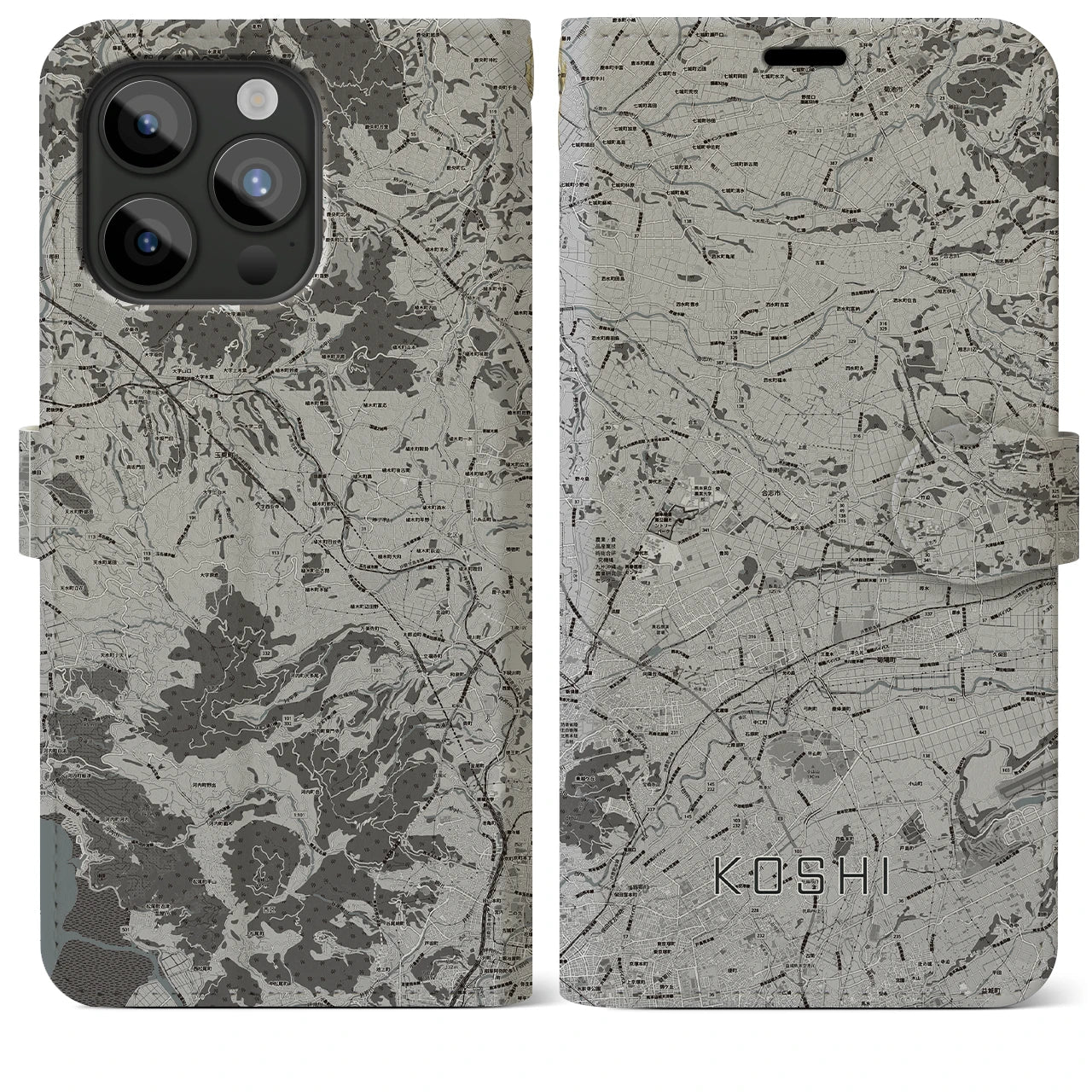 【合志(熊本県)】地図柄iPhoneケース(手帳タイプ)モノトーン・iPhone 15 Pro Max 用