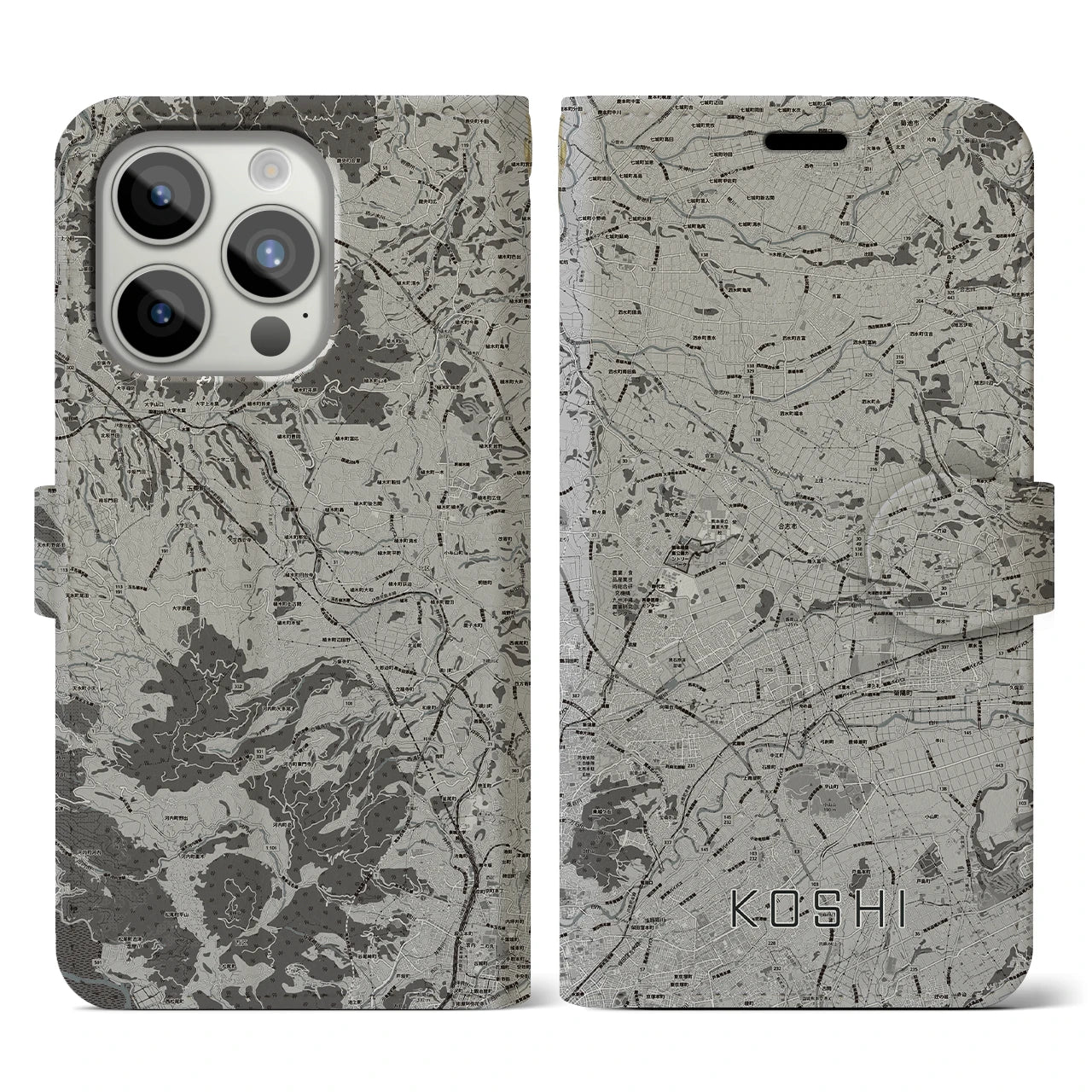 【合志(熊本県)】地図柄iPhoneケース(手帳タイプ)モノトーン・iPhone 15 Pro 用