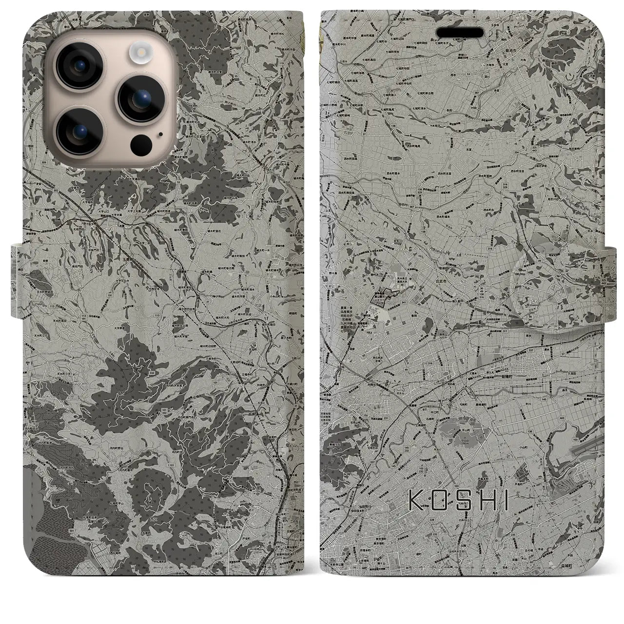 【合志(熊本県)】地図柄iPhoneケース(手帳タイプ)モノトーン・iPhone 16 Plus 用