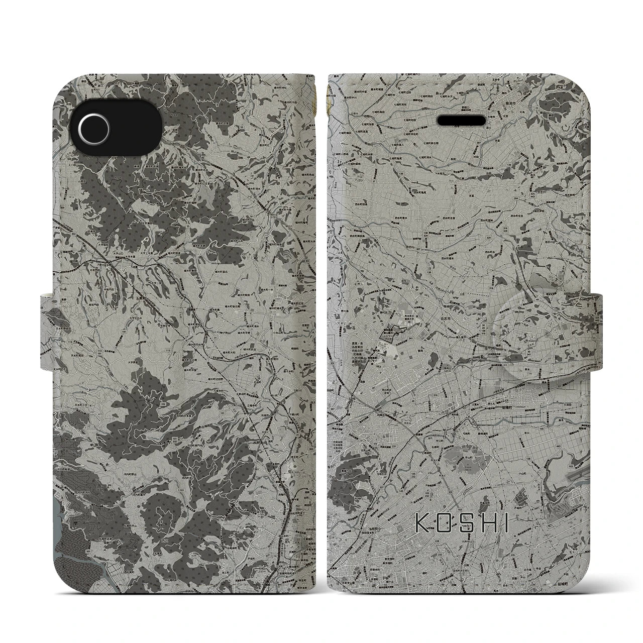 【合志(熊本県)】地図柄iPhoneケース(手帳タイプ)モノトーン・iPhone SE(第3 / 第2世代) / 8 / 7 / 6s / 6 用