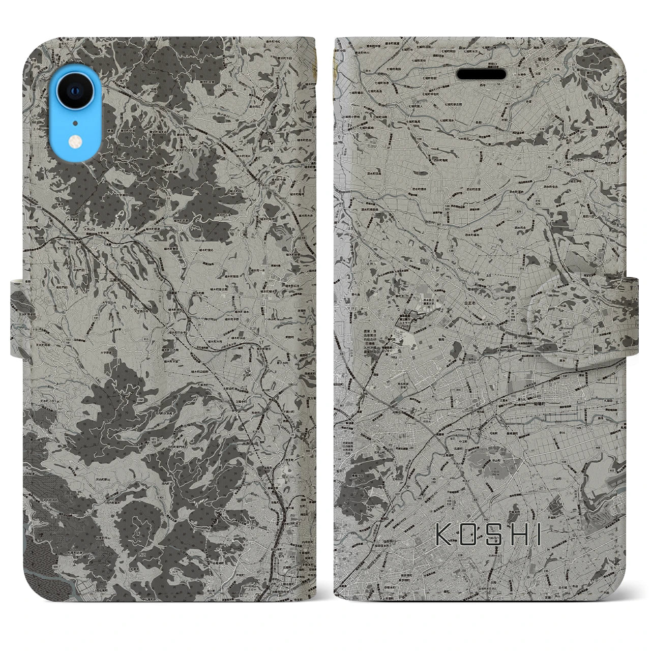 【合志(熊本県)】地図柄iPhoneケース(手帳タイプ)モノトーン・iPhone XR 用