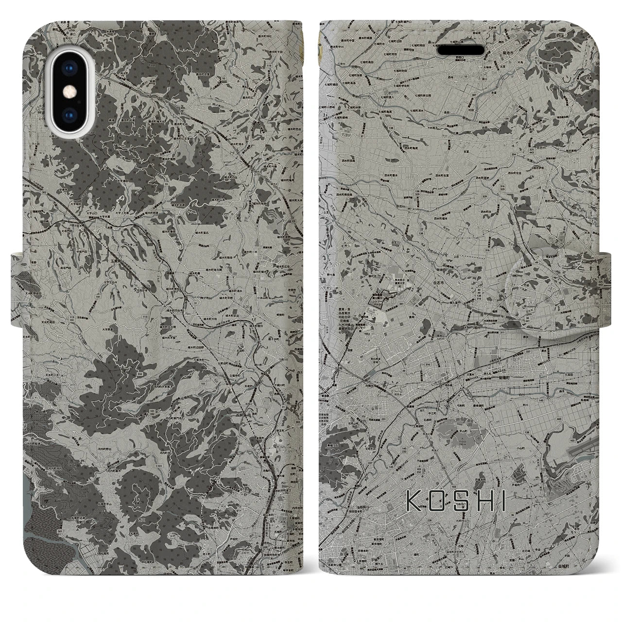 【合志(熊本県)】地図柄iPhoneケース(手帳タイプ)モノトーン・iPhone XS Max 用