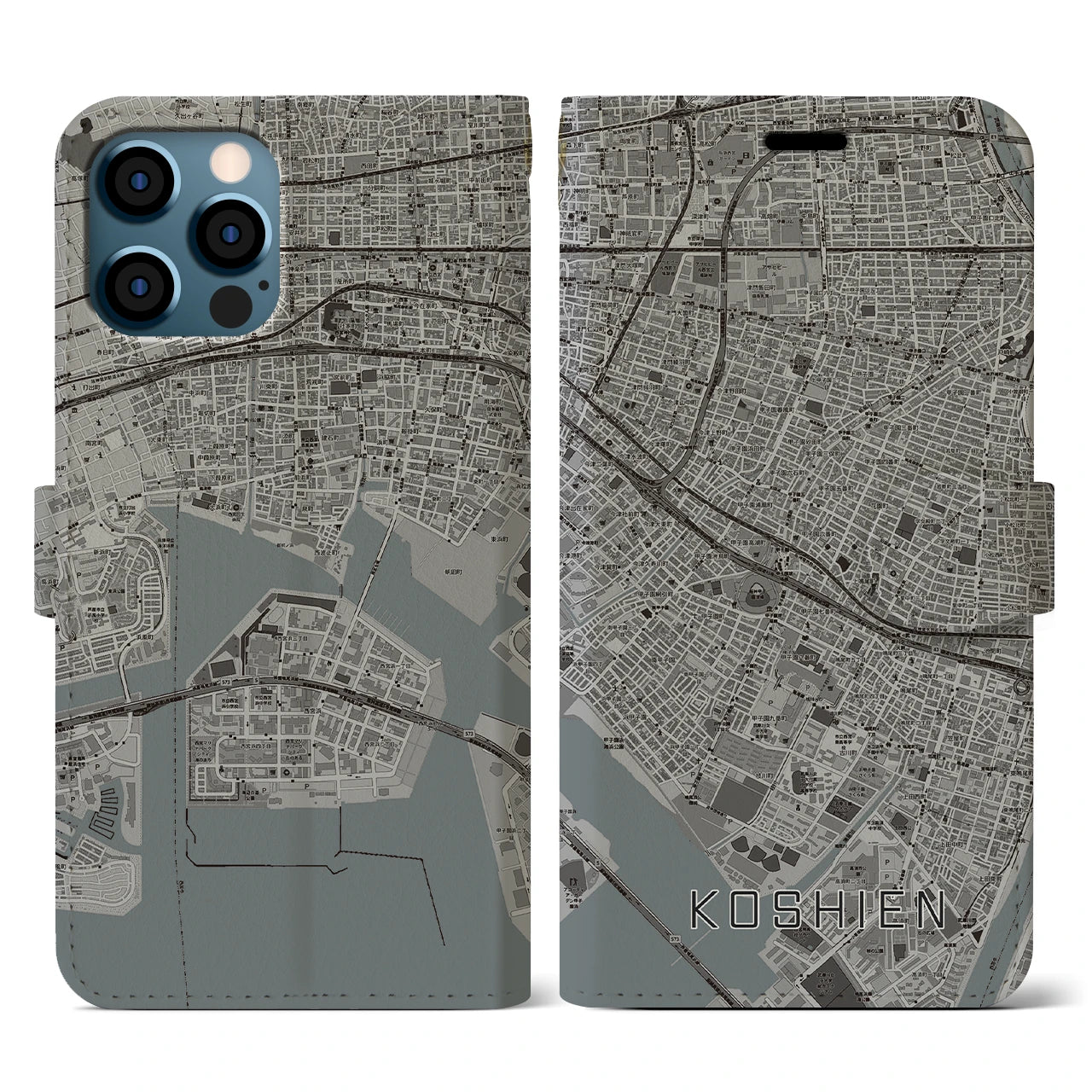 【甲子園(兵庫県)】地図柄iPhoneケース(手帳タイプ)モノトーン・iPhone 12 / 12 Pro 用