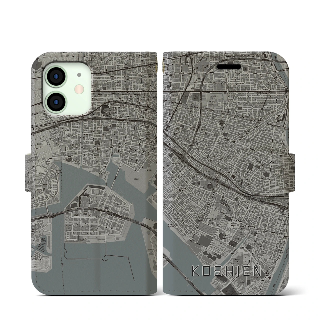 【甲子園(兵庫県)】地図柄iPhoneケース(手帳タイプ)モノトーン・iPhone 12 mini 用